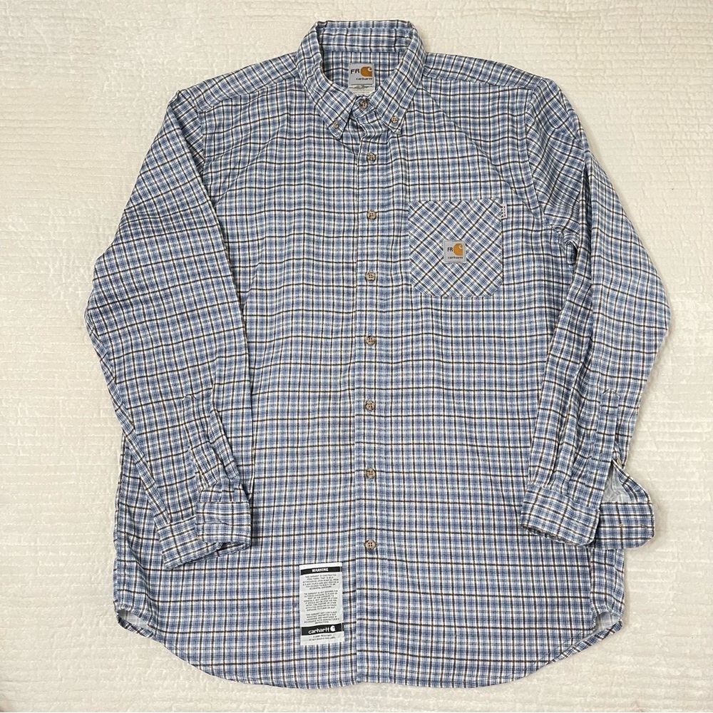 Carhartt FR Button Down Long Sleeve Blue Plaid Button Shirt Mens Size XL
